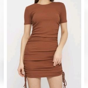 ZARA Rust Ribbed Side Tie Ruched Tee Shirt Dress Size M